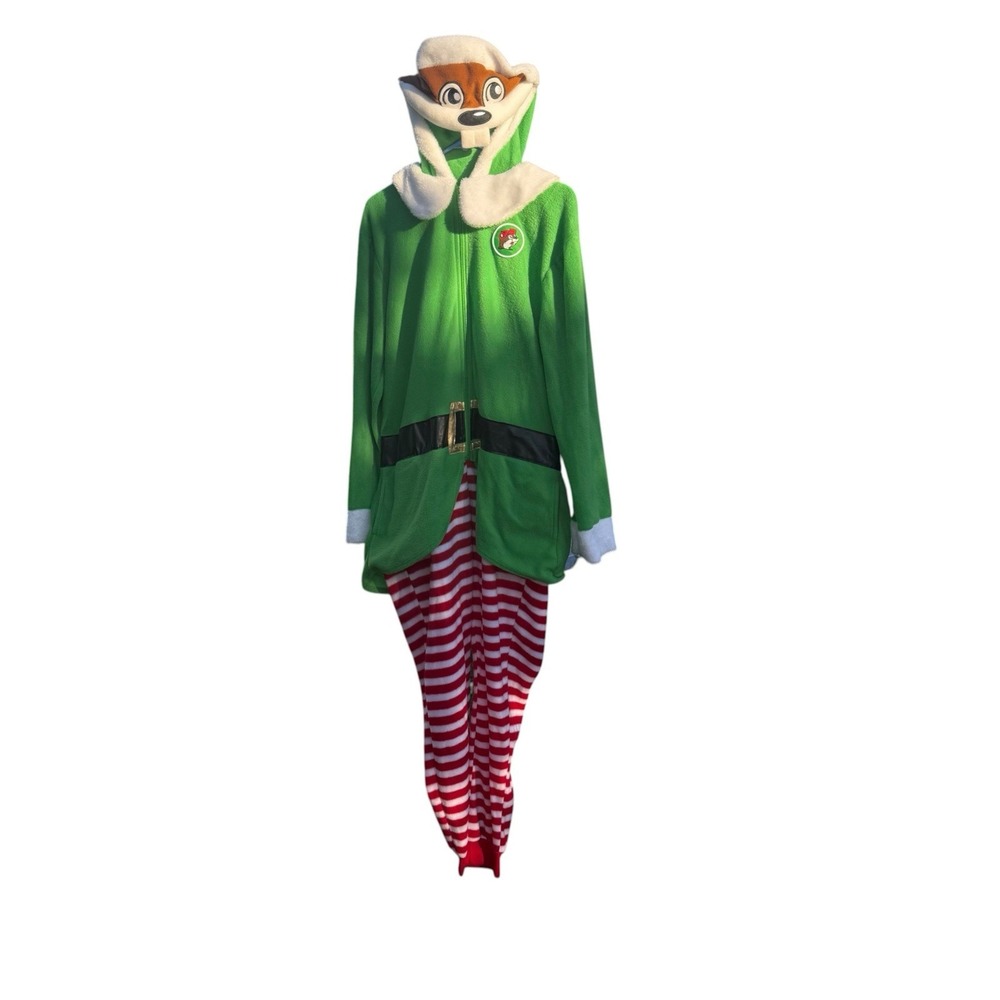 Buc-ee's Christmas Elf Union Suit Adult S/M Beaver Hood One Piece Pajama Costume